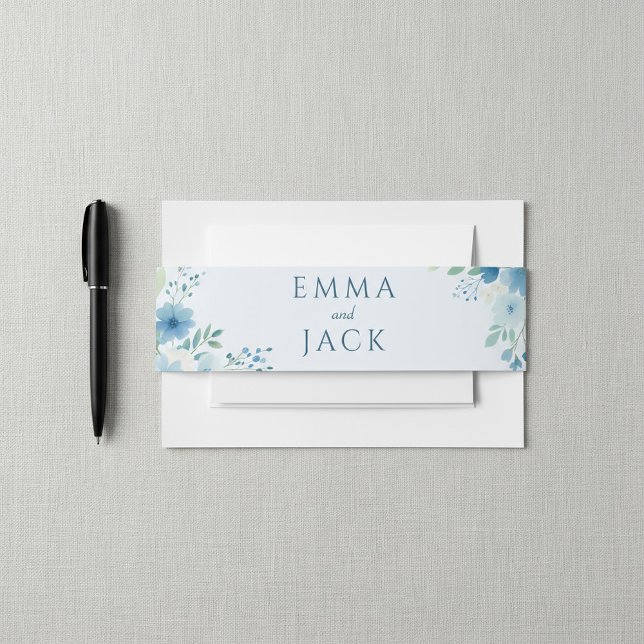 Cintas Para Invitaciones Azul acuarela Floral elegante boda botánico (Blue Watercolor Floral elegant botanical wedding Invitation Belly Band.)