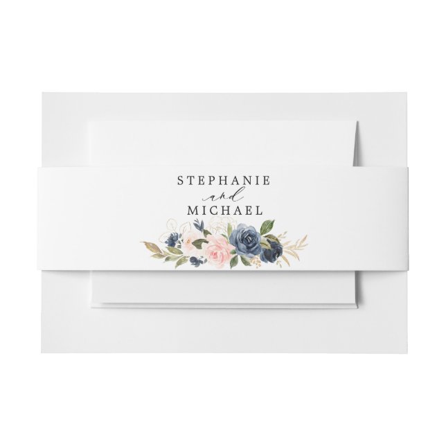 Cintas Para Invitaciones Azul marino Rubor Rosa Rosa Botánico (Anverso Ejemplo)