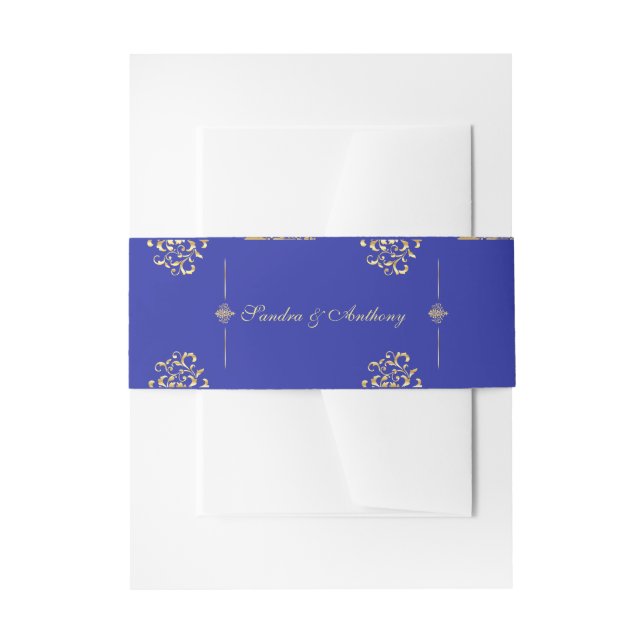 Cintas Para Invitaciones Banda Belly de boda elegante Gold & Blue Damask (Anverso Ejemplo)