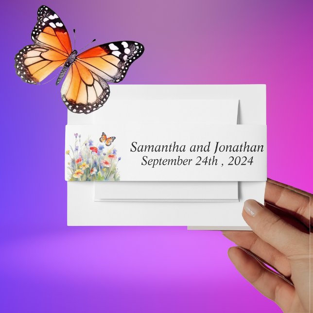 Cintas Para Invitaciones Banda Belly de mariposa acuarela y flores silvestr (Subido por el creador)