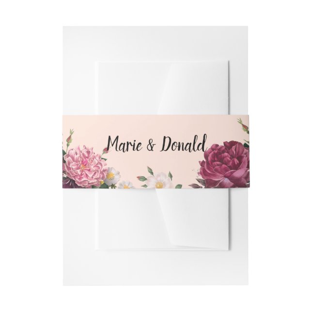 Cintas Para Invitaciones Banda Belly elegante de flores de Borgoña y Rosa (Anverso Ejemplo)