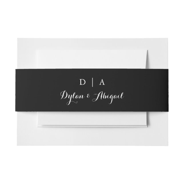 Cintas Para Invitaciones Banda de Belly de Boda negro monogramado clásico (Anverso Ejemplo)