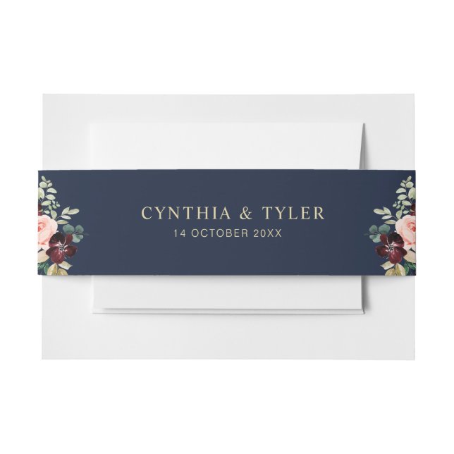 Cintas Para Invitaciones banda de boda floral azul marino (Anverso Ejemplo)