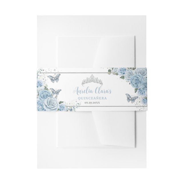 Cintas Para Invitaciones Bebé Azul Floral Mariposas Plata Quinceanera (Anverso Ejemplo)