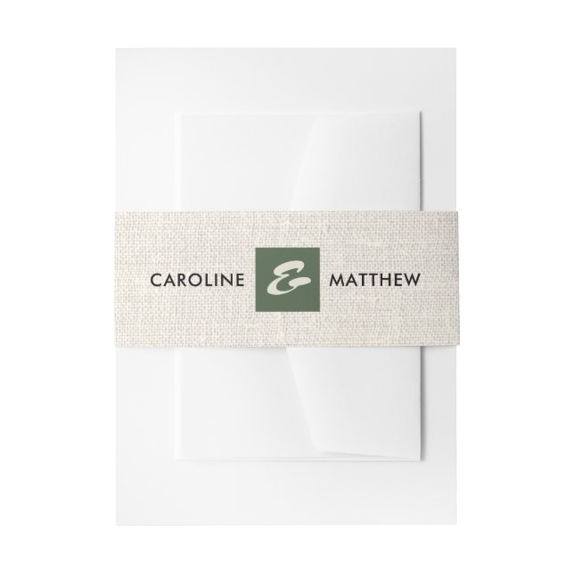 Cintas Para Invitaciones Beige | Boda de textura de arpillera verde (Anverso Ejemplo)