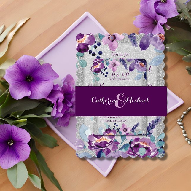 Cintas Para Invitaciones Berenjena Púrpura Elegante Boda (Flat lay bold chic modern feminine sophisticated mauve luxe glam bloom wedding Belly Band
)