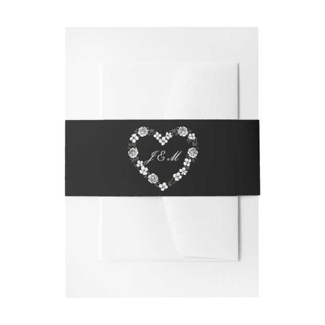 Cintas Para Invitaciones Black and White Floral Heart Monogram Wedding  (Anverso Ejemplo)