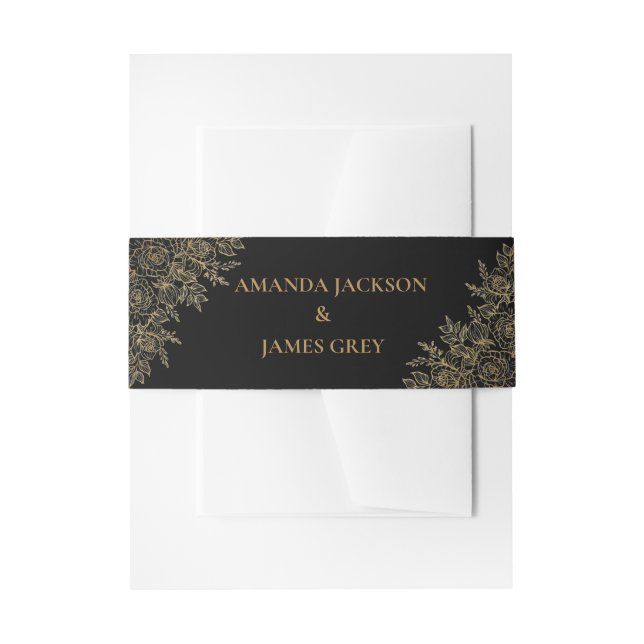 Cintas Para Invitaciones Black Gold Glitter Floral Wedding (Anverso Ejemplo)