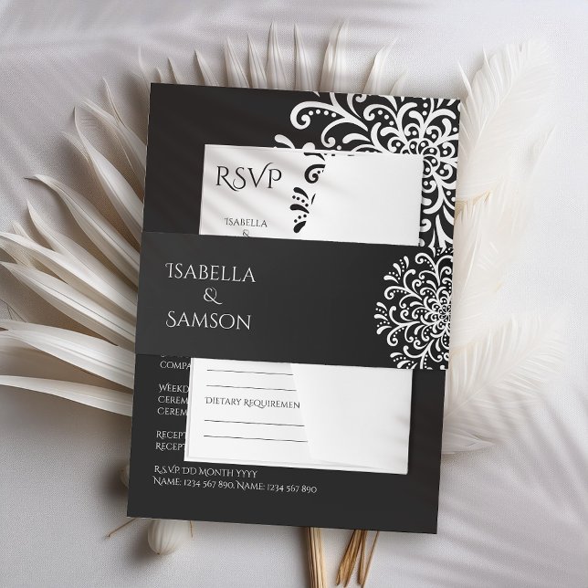 Cintas Para Invitaciones Blanco caprichoso sobre el Boda florido negro (Subido por el creador)
