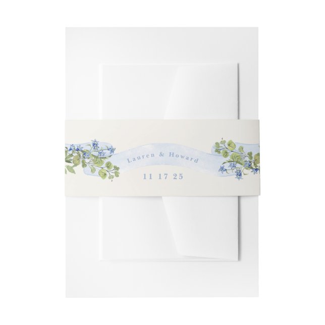 Cintas Para Invitaciones blue and greenery floral arms monogram wedding (Anverso Ejemplo)