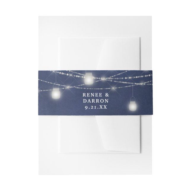 Cintas Para Invitaciones Blue Chalkboard & White Mason Jar String Lights (Anverso Ejemplo)