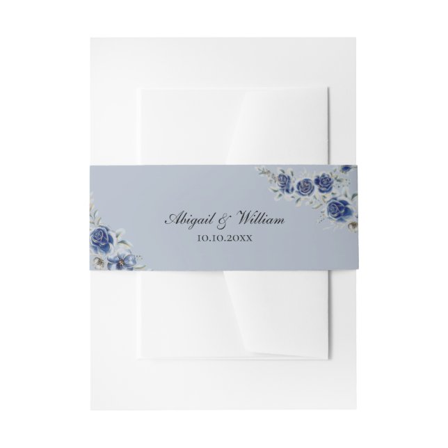 Cintas Para Invitaciones Blue Romantic Floral Botanical Wedding Belly Bands (Anverso Ejemplo)