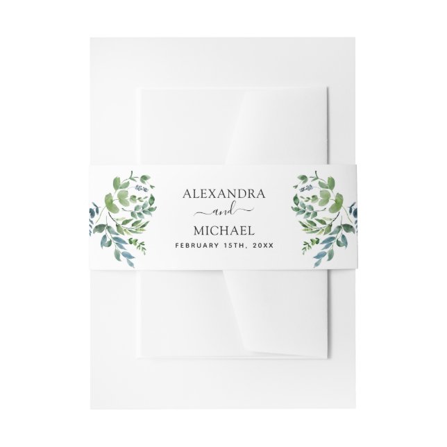 Cintas Para Invitaciones Boda acuarela de follaje verde botánico (Anverso Ejemplo)