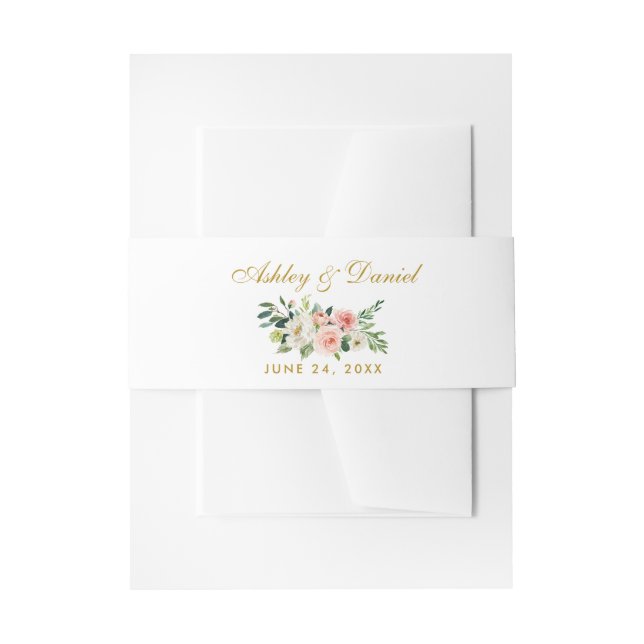 Cintas Para Invitaciones Boda acuarela Floral rosa blanco dorado (Anverso Ejemplo)