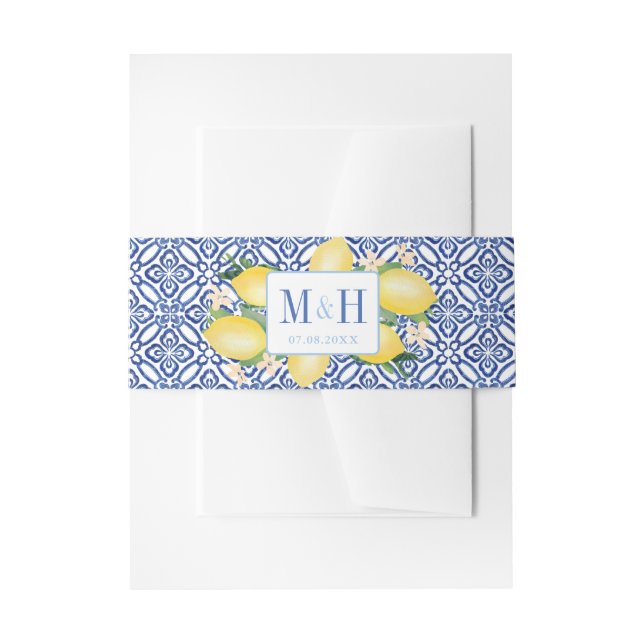 Cintas Para Invitaciones Boda Amalfi Lemons Blue White Tiles (Anverso Ejemplo)