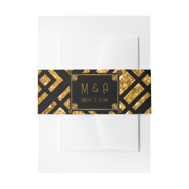Cintas Para Invitaciones Boda Art Deco Negro y Oro (Anverso Ejemplo)