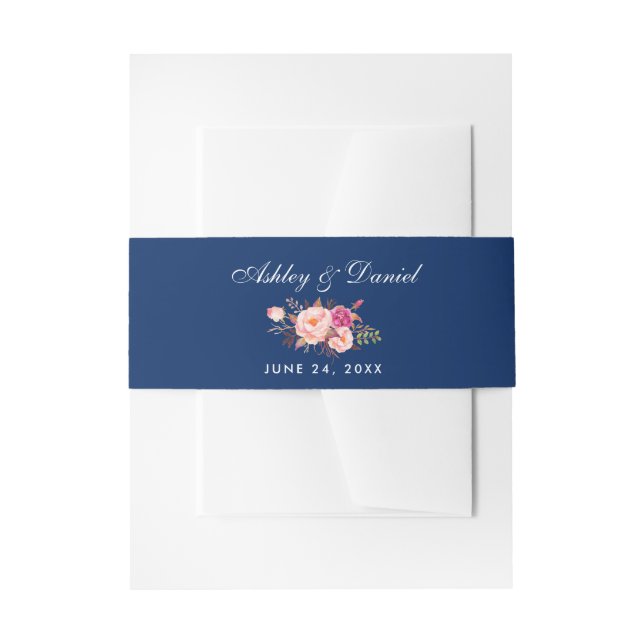 Cintas Para Invitaciones Boda azul rosa floral acuarela (Anverso Ejemplo)