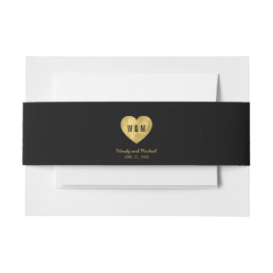 Cintas Para Invitaciones Boda Black Monogram Faux Gold Heart