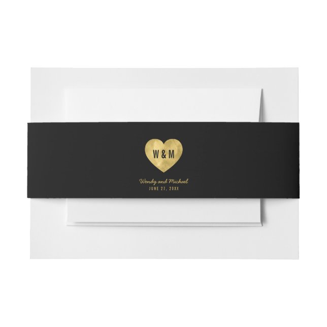Cintas Para Invitaciones Boda Black Monogram Faux Gold Heart (Anverso Ejemplo)