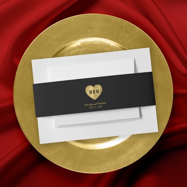 Cintas Para Invitaciones Boda Black Monogram Faux Gold Heart (Subido por el creador)