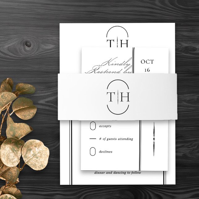 Cintas Para Invitaciones Boda blanco de Iniciales monogramadas (Monogrammed wedding invitation belly band in black and white from my Wedding Colors Collection)