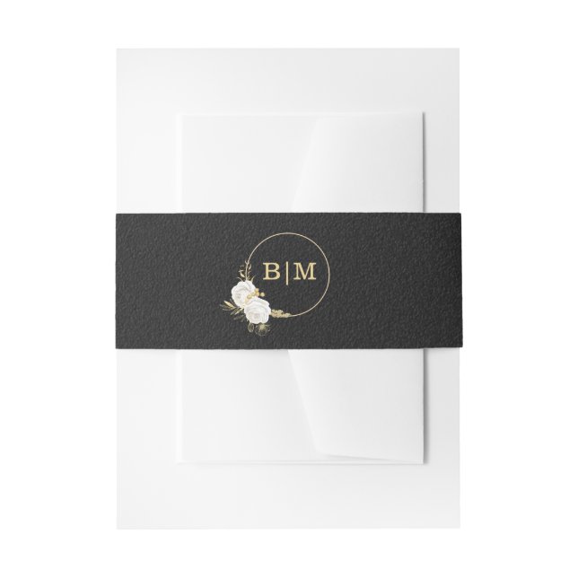 Cintas Para Invitaciones boda blanco dorado floral negro (Anverso Ejemplo)