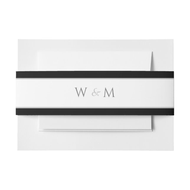Cintas Para Invitaciones Boda blanco negro de fuente plateada monogramada (Anverso Ejemplo)