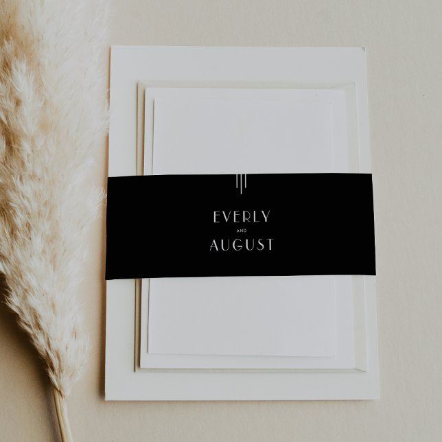 Cintas Para Invitaciones BODA blanco y negro de estilo Art Deco (EVERLY Modern Art Deco Black and White Wedding Invitation Belly Band)