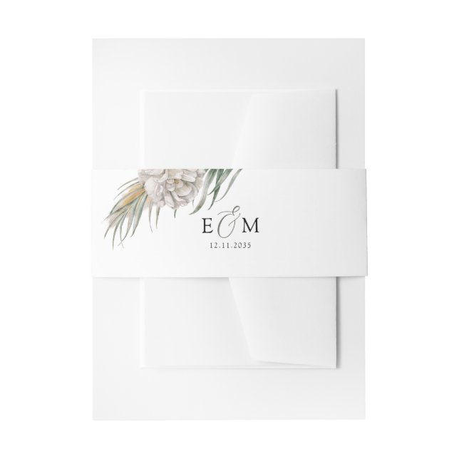 Cintas Para Invitaciones Boda Boho con Flores Blancas y Palmeras (Anverso Ejemplo)