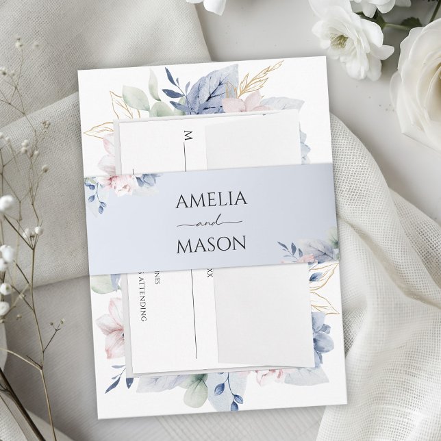 Cintas Para Invitaciones Boda con Aquarela Floral Azul Polvo (Dusty Blue Floral Watercolor Wedding Invitation Belly Band)