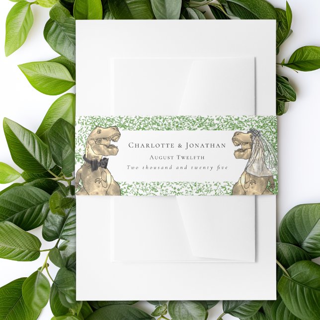 Cintas Para Invitaciones Boda con tema de dinosaurios personalizados (Dinosaur bride and groom custom wedding invitation belly bands Watercolor foliage Jurassic T-Rex )