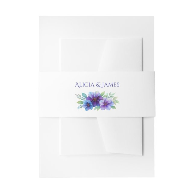 Cintas Para Invitaciones Boda de acuarela botánica púrpura romántico azul (Anverso Ejemplo)