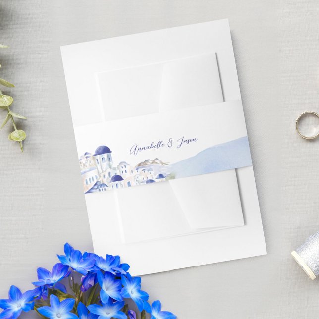 Cintas Para Invitaciones Boda de acuarela de arquitectura griega Santorini (Santorini Greece Architecture Watercolor Wedding Invitation Belly Band)
