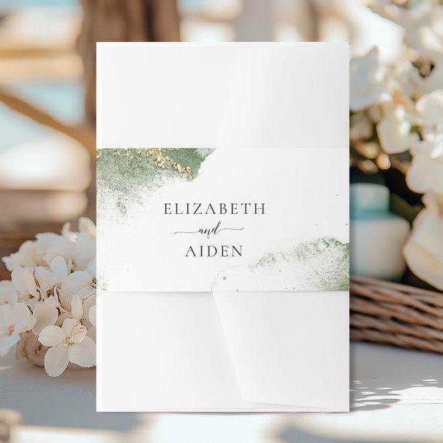 Cintas Para Invitaciones Boda de acuarela de oro verde moderno (imitación) (Modern Green Gold (imitation) Watercolor Wedding Invitation Belly Band with your names)