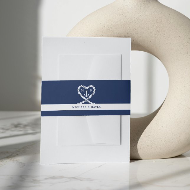 Cintas Para Invitaciones Boda de Anclaje Cardíaco Nautical Blue Stripe Rope (Nautical Blue Stripe Rope Heart Anchor Wedding Invitation Belly Band)