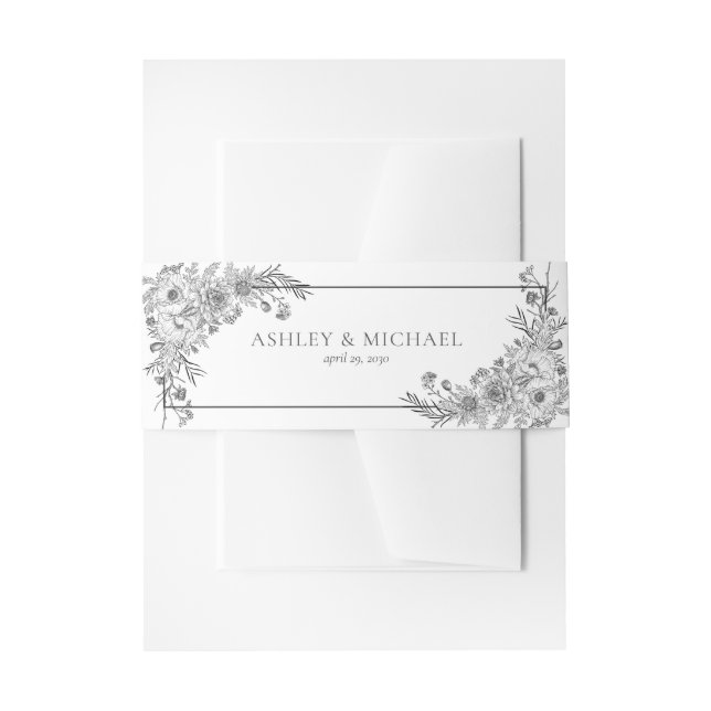 Cintas Para Invitaciones Boda de arte de la línea floral blanca y negra (Anverso Ejemplo)