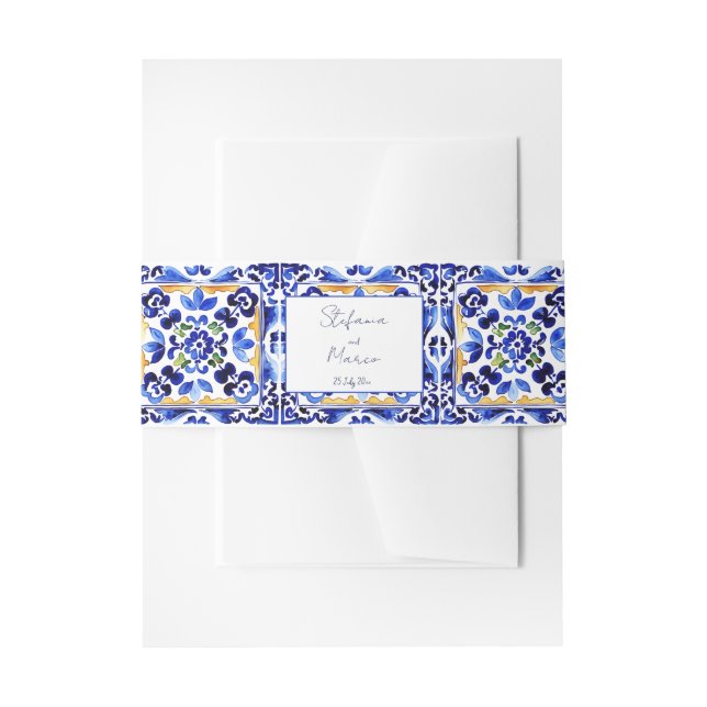 Cintas Para Invitaciones Boda de azulejos azules de Amalfi (Anverso Ejemplo)