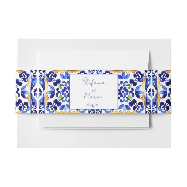 Cintas Para Invitaciones Boda de azulejos azules de Amalfi (Anverso Ejemplo)