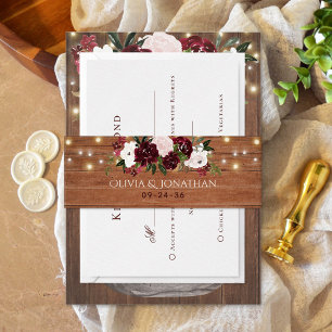 Cintas Para Invitaciones Boda de Burgundy Floral Rustic String Lights