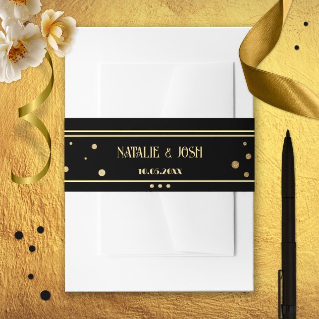 Cintas Para Invitaciones Boda de Confetti Negro de Oro (Wedding invitation belly band featuring a stylish gold and black design with sparkling confetti.)