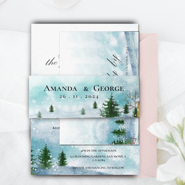Cintas Para Invitaciones Boda de copos de nieve en invierno mágico azul hue (Snowy Winter Magic Blue Hues Snowflakes Wedding Invitation Belly Band)