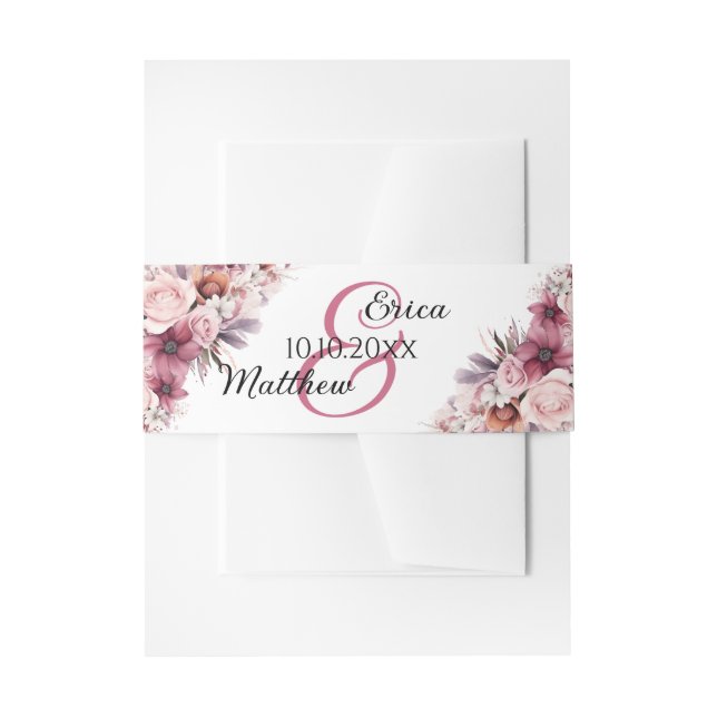 Cintas Para Invitaciones Boda de escritura moderna con flores de boho rosad (Anverso Ejemplo)