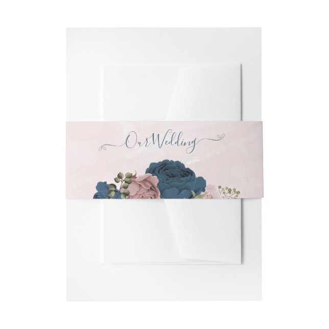 Cintas Para Invitaciones boda de flores azul marino rosa (Anverso Ejemplo)