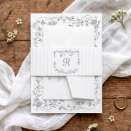 Cintas Para Invitaciones Boda de flores francesas vintage en gris plateado