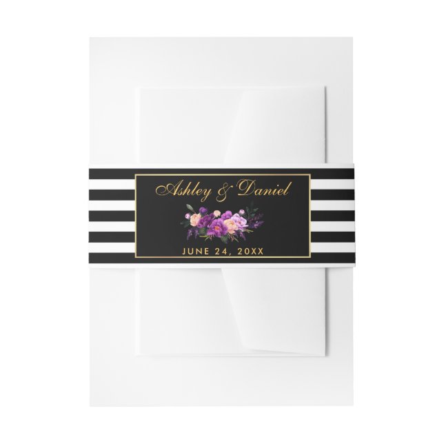 Cintas Para Invitaciones Boda de Flores Moradas Doradas y Rayas Negras (Anverso Ejemplo)