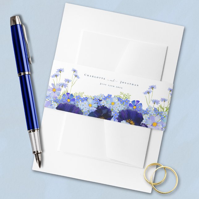 Cintas Para Invitaciones Boda de flores silvestres modernas (Elegant wildflower blue floral watercolor wedding invitation belly band bride & groom names and date)