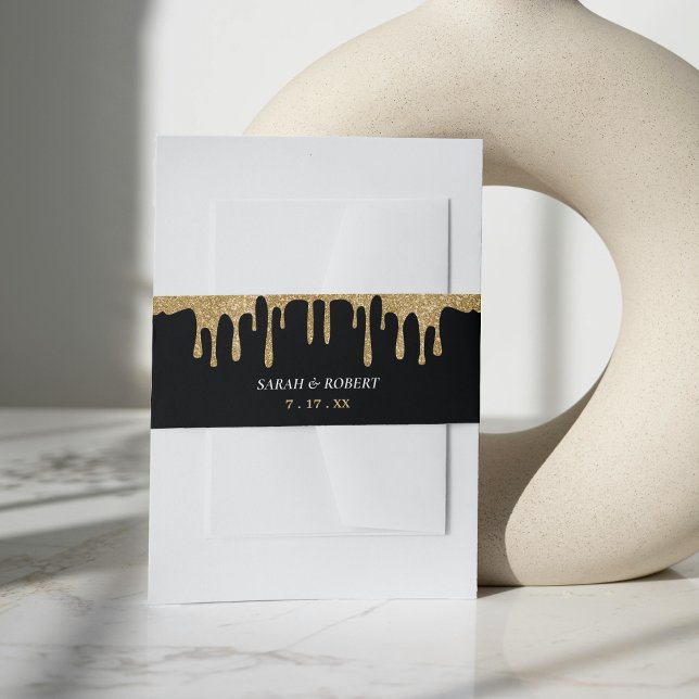 Cintas Para Invitaciones Boda de goteo de Purpurina negro y dorado (Black & Gold Glitter Drip Wedding Invitation Belly Band)