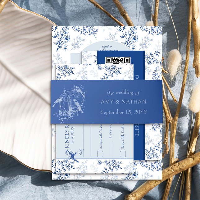Cintas Para Invitaciones Boda de la jaula azul (Blue wedding invitation belly bands from the Chinoiserie Wedding Collection by Darling & May)