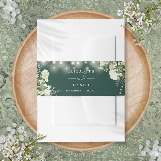 Cintas Para Invitaciones Boda de luces de cadena Emerald Greenery (Emerald Greenery String Lights Wedding Invitation Belly Band)