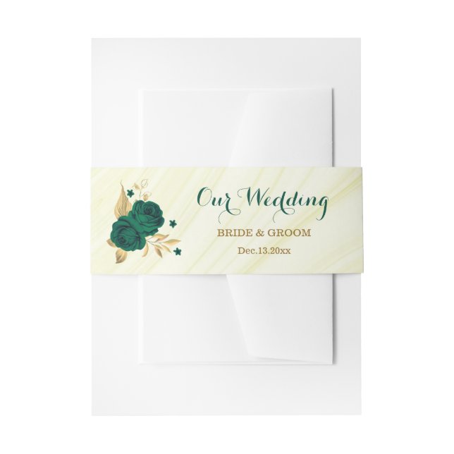 Cintas Para Invitaciones boda de mármol floral de oro verde esmeralda (Anverso Ejemplo)